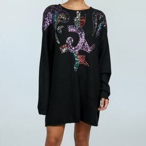 Vintage Faucetti Black Sweater Dress Purple Sequin Abstract Design Size 26/28